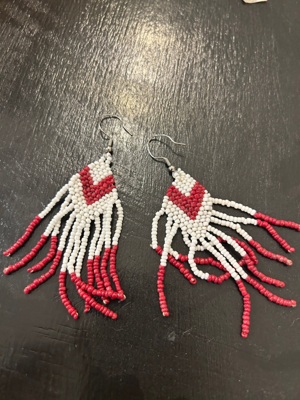 Handmade Red and White Beaded Fringe Earrings